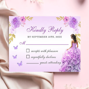 Elegante Blush Paarse Bloemen Quinceañera RSVP Kaartje