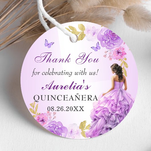 Elegante Blush Paarse Bloemen Quinceañera Verjaard Bedankjes Labels