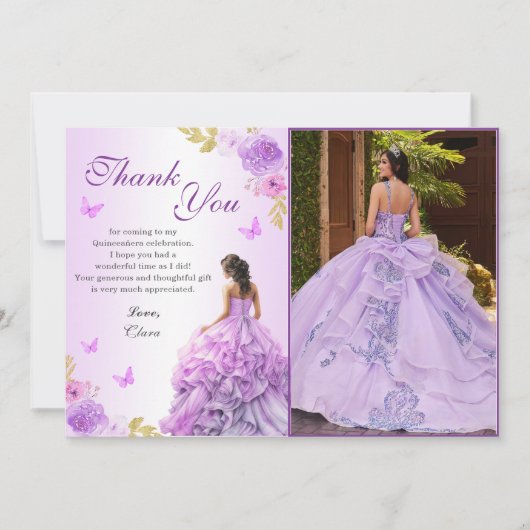 Elegante Blush Paarse Bloemen Quinceañera Verjaard Bedankkaart (Voorkant)
