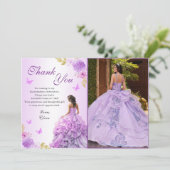 Elegante Blush Paarse Bloemen Quinceañera Verjaard Bedankkaart (Staand voorkant)