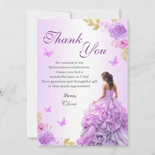 Elegante Blush Paarse Bloemen Quinceañera Verjaard Bedankkaart (Voorkant)