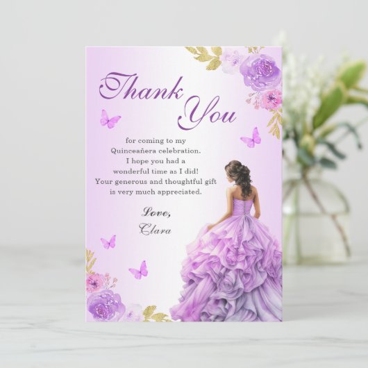 Elegante Blush Paarse Bloemen Quinceañera Verjaard Bedankkaart (Staand voorkant)