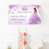 Elegante Blush Paarse Bloemen Quinceañera Verjaard Spandoek (Insitu)