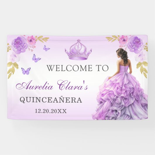 Elegante Blush Paarse Bloemen Quinceañera Verjaard Spandoek (Horizontaal)