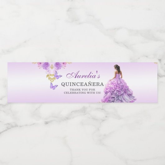 Elegante Blush Paarse Bloemen Quinceañera Verjaard Waterfles Etiket (Enkel label)