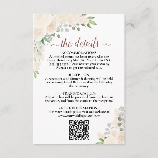 Elegante Blush Peach Bloemen Bruiloft Details QR C Informatiekaartje (Voorkant)