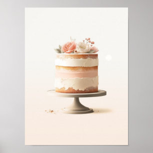 Elegante Blush Peach Floral Cake Keuken Bakkerij Poster