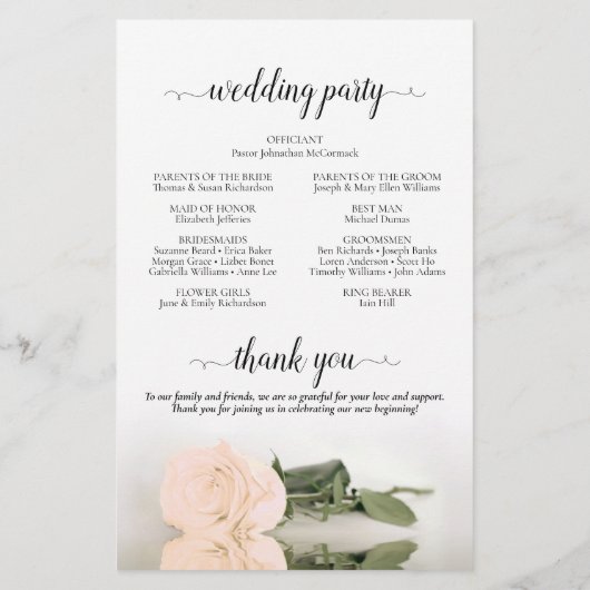 Elegante Blush Peach Roos budget huwelijksprogramm (Achterkant)