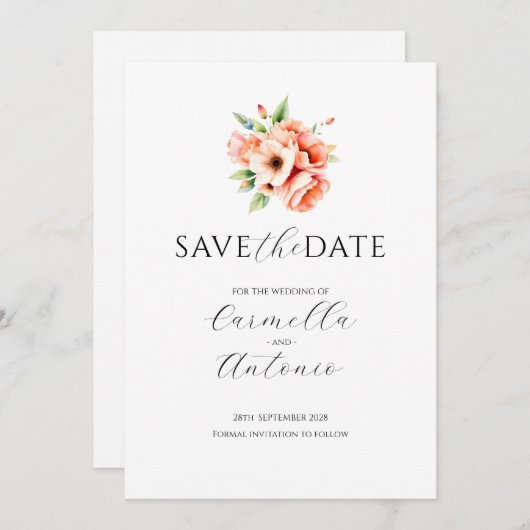 Elegante Blush Perzik Floral Flat Save the Date Ka (Voorkant / Achterkant)