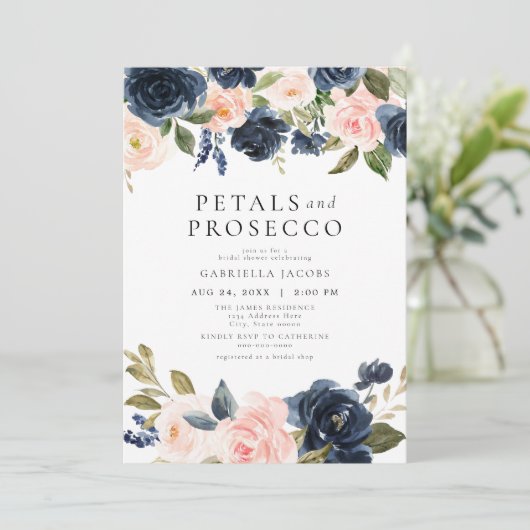 Elegante Blush Petals & Prosecco Vrijgezellenfeest Kaart (Staand voorkant)