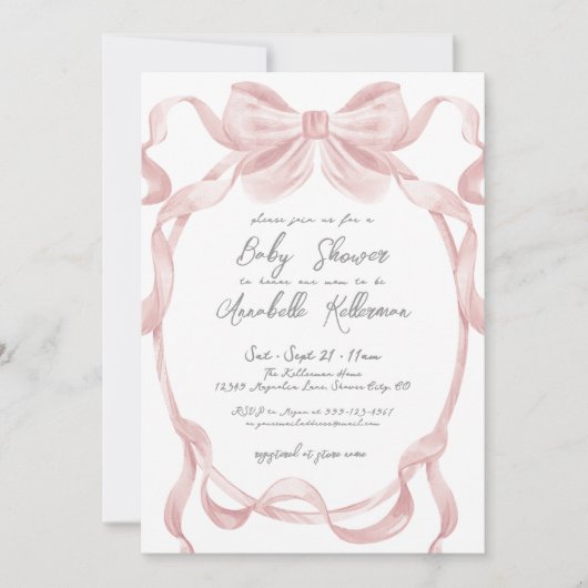 Elegante  Blush Pink Bow Baby shower Kaart (Voorkant)