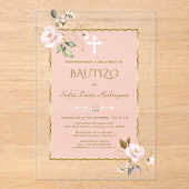 Elegante Blush Pink Con Flores Gold Bautizo Acryl Uitnodigingen (Voorkant)