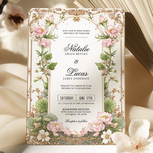 Elegante Blush Pink Gold Lotus Flower Wedding Kaart