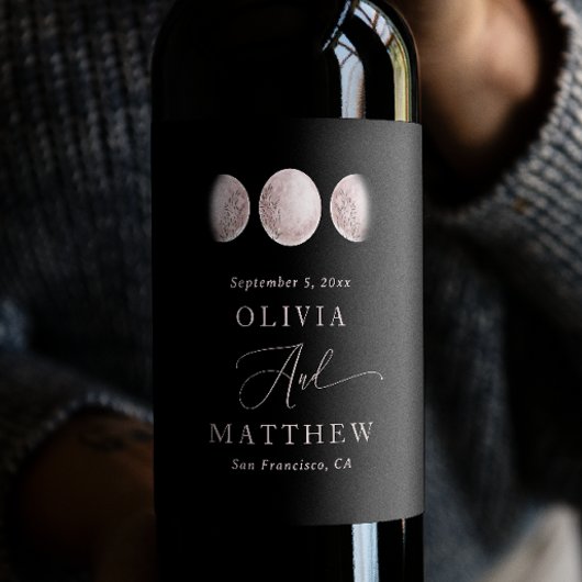 Elegante Blush Pink Moon | Black Celestial Wedding Wijn Etiket