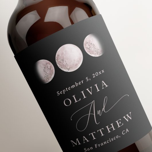 Elegante Blush Pink Moon | Black Celestial Wedding Wijn Etiket