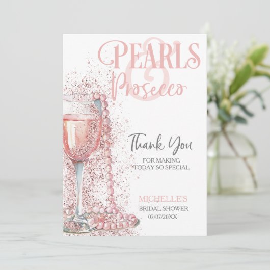 Elegante Blush Pink Pearls en Prosecco Dank u Kaart (Staand voorkant)
