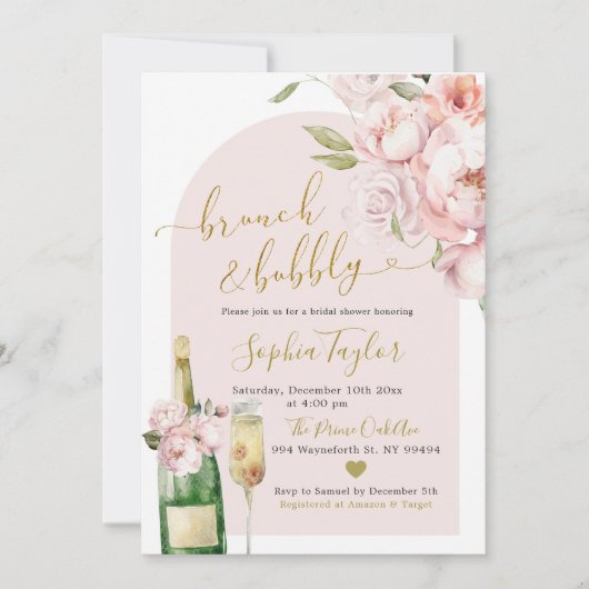 Elegante Blush Pink Peony Bloemen Brunch en Bubbly Kaart (Voorkant)