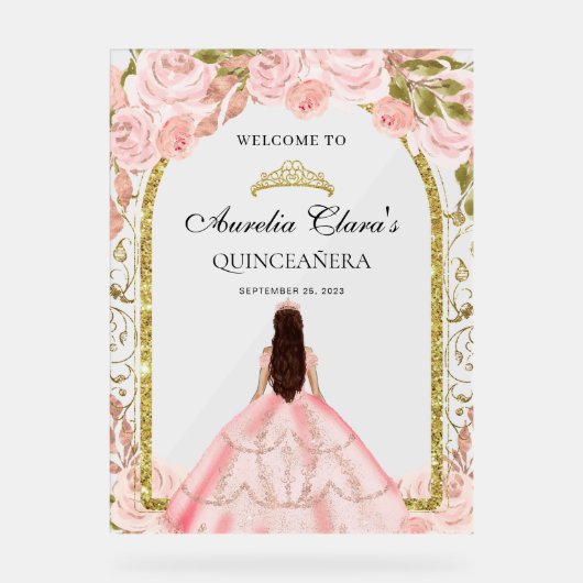 Elegante Blush Pink Princess Floral Quinceañera Acryl Bord (Voorkant)