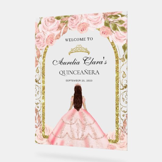 Elegante Blush Pink Princess Floral Quinceañera Acryl Bord (Hoek)