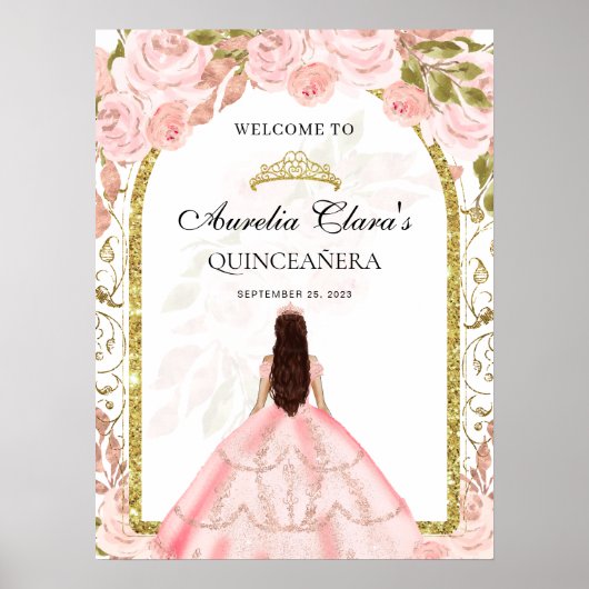 Elegante Blush Pink Princess Floral Quinceañera Poster (Voorkant)