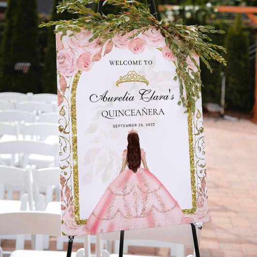 Elegante Blush Pink Princess Floral Quinceañera Poster