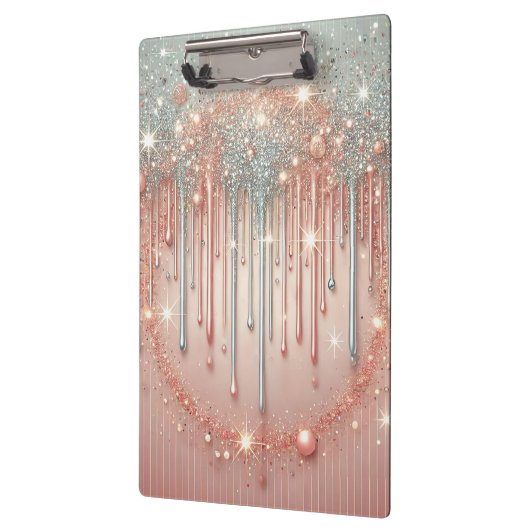 Elegante Blush Pink & Silver Glitter Drip Klembord (Links)