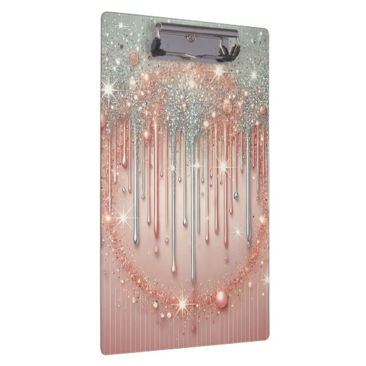 Elegante Blush Pink & Silver Glitter Drip Klembord (Rechts)