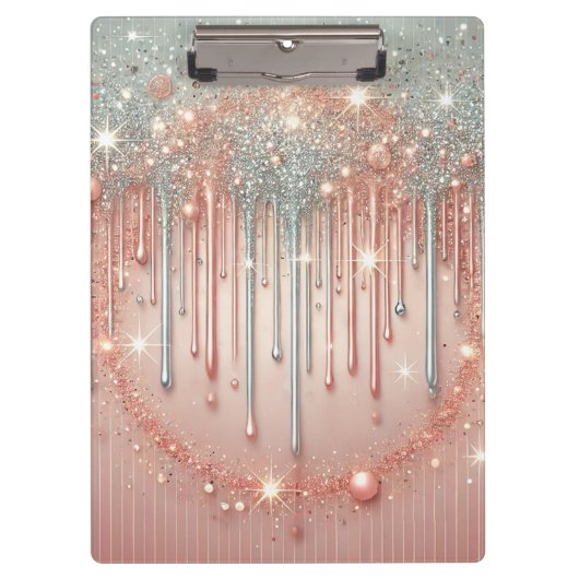 Elegante Blush Pink & Silver Glitter Drip Klembord (Voorkant)