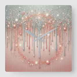 Elegante Blush Pink & Silver Glitter Drip Vierkante Klok
