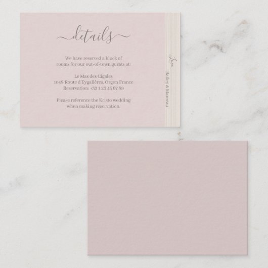Elegante Blush Pink Wood Grain Wedding Hotel Detai Informatiekaartje (Voorkant / Achterkant)