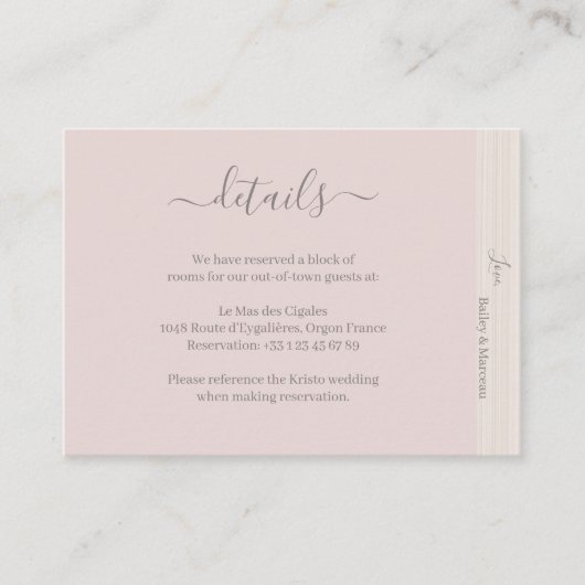 Elegante Blush Pink Wood Grain Wedding Hotel Detai Informatiekaartje (Voorkant)