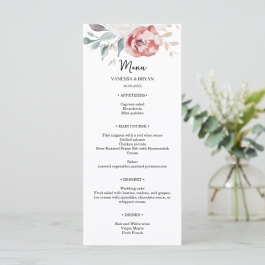 Elegante Blush Red Ivory Rozen bruiloft Menu (Staand voorkant)