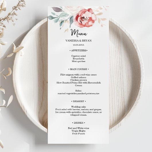 Elegante Blush Rode Ivoor Kleuren Rozen Bruiloft Menu