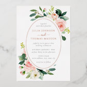 Elegante Blush Roos Gouden Bloemen Huwelijk Folie Uitnodiging (Voorkant)