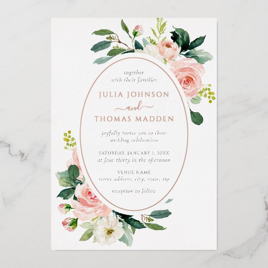 Elegante Blush Roos Gouden Bloemen Huwelijk Folie Uitnodiging (Voorkant)