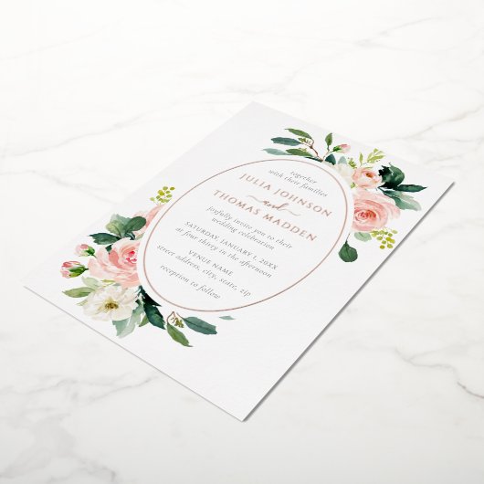 Elegante Blush Roos Gouden Bloemen Huwelijk Folie Uitnodiging (Gedraaid)