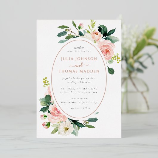 Elegante Blush Roos Gouden Bloemen Huwelijk Folie Uitnodiging (Staand Voorkant)