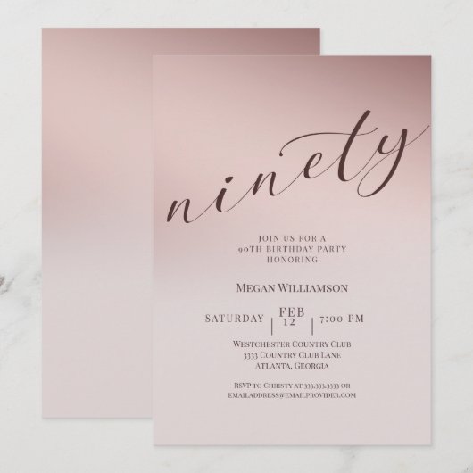 Elegante Blush Roze 90ste Verjaardagsfeestuitnodig Kaart (Voorkant / Achterkant)