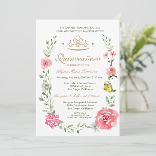 Elegante Blush Roze Bloem Quinceañera Tiara Kaart (Staand voorkant)