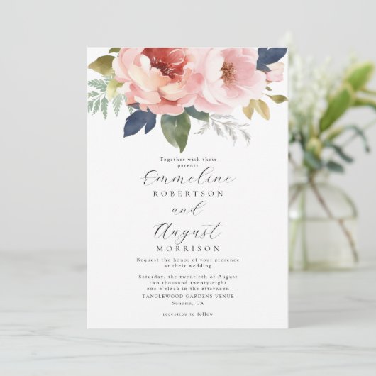 Elegante Blush Roze Bloemen Botanische Bruiloft Kaart (Staand voorkant)