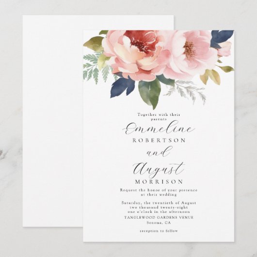 Elegante Blush Roze Bloemen Botanische Bruiloft Kaart (Voorkant / Achterkant)