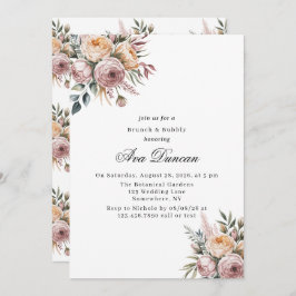 Elegante Blush Roze Bloemen Brunch en Bubbly Kaart