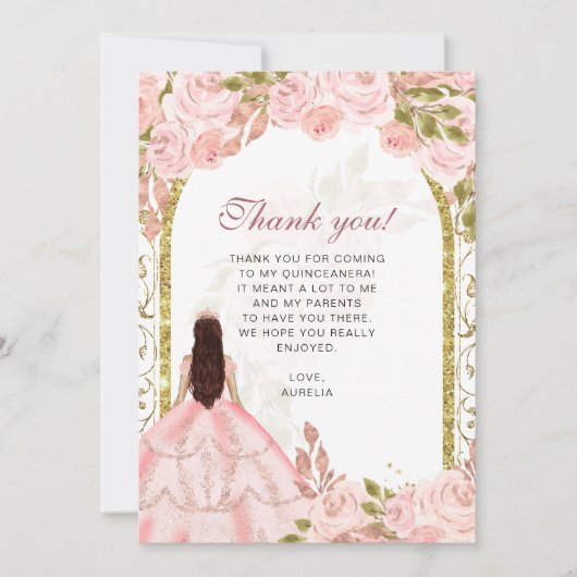 Elegante Blush Roze Bloemen Foto Quinceañera Bedankkaart (Voorkant)