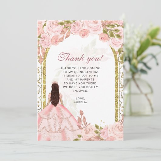 Elegante Blush Roze Bloemen Foto Quinceañera Bedankkaart (Staand voorkant)