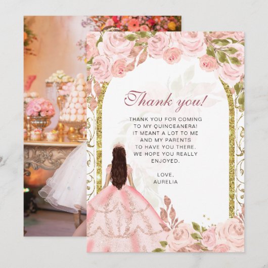 Elegante Blush Roze Bloemen Foto Quinceañera Bedankkaart (Voorkant / Achterkant)
