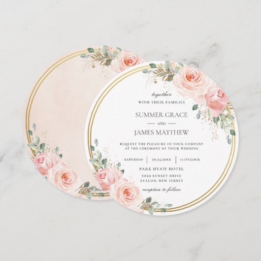 Elegante Blush Roze Bloemen Gouden Cirkel Bruiloft Kaart (Voorkant / Achterkant)