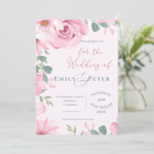 Elegante Blush Roze Bloemen Huwelijksuitnodiging (Staand voorkant)