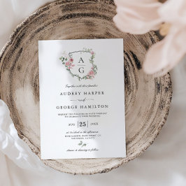 Elegante Blush Roze Bloemen Monogram Kreeft Huweli Kaart