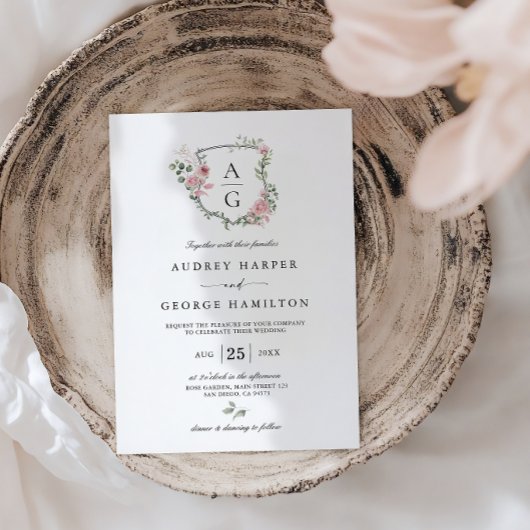 Elegante Blush Roze Bloemen Monogram Kreeft Huweli Kaart