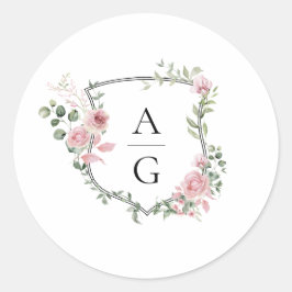 Elegante Blush Roze Bloemen Monogram Kreeft Huweli Ronde Sticker